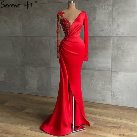 Red Muslim Mermaid Split Evening Dresses Gowns 2025 Satin Beading Elegant For Women Party LA71032