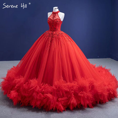 Red Ruffles Beaded Luxury Wedding Dresses 2025 Sleeveless Lace Up Sexy Bride Gowns HM67324 Custom Made