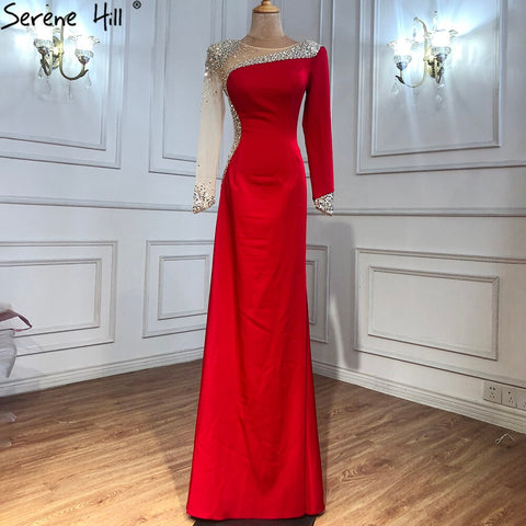 Red Satin Mermaid Evening Dresses Gowns 2025 Elegant Beaded Sexy For Women Wedding Party LA71152