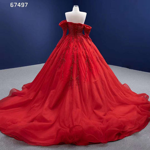 Red Sexy Off Shoulder Pearls Luxury Beaded Ball Gown Bride Gowns Wedding Dress 2025 High End Custom Made HM67497