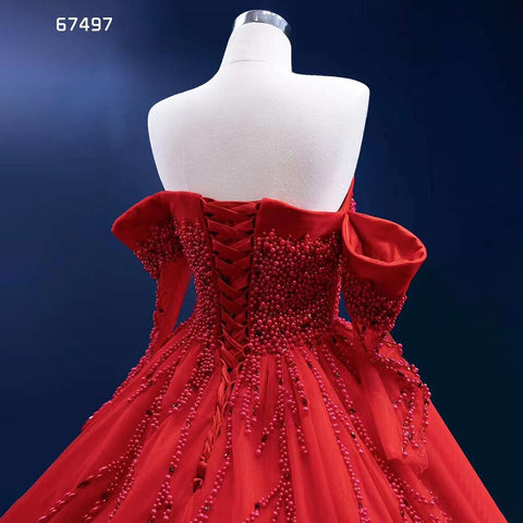 Red Sexy Off Shoulder Pearls Luxury Beaded Ball Gown Bride Gowns Wedding Dress 2025 High End Custom Made HM67497