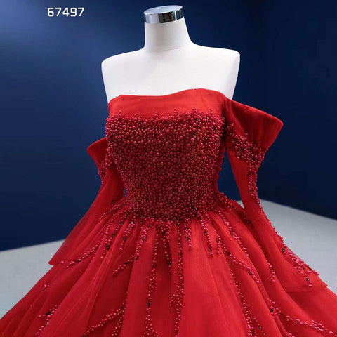Red Sexy Off Shoulder Pearls Luxury Beaded Ball Gown Bride Gowns Wedding Dress 2025 High End Custom Made HM67497