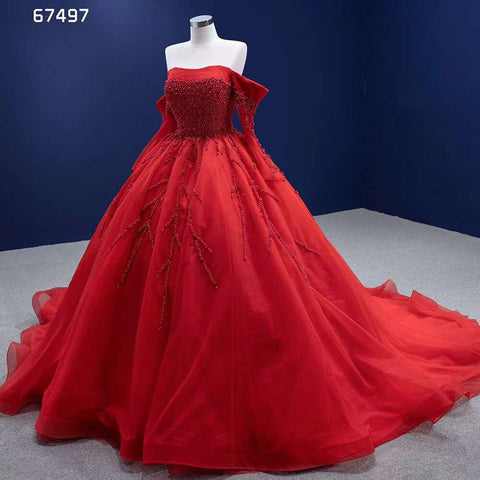 Red Sexy Off Shoulder Pearls Luxury Beaded Ball Gown Bride Gowns Wedding Dress 2025 High End Custom Made HM67497