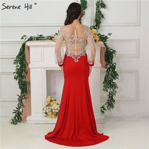 Red Tassel Beaded Evening Dresses Gowns 2025 Satin Mermaid Elegant For Women Party LA6618