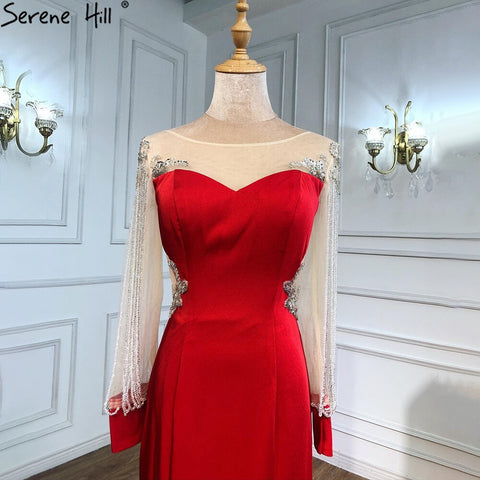 Red Tassel Beaded Evening Dresses Gowns 2025 Satin Mermaid Elegant For Women Party LA6618