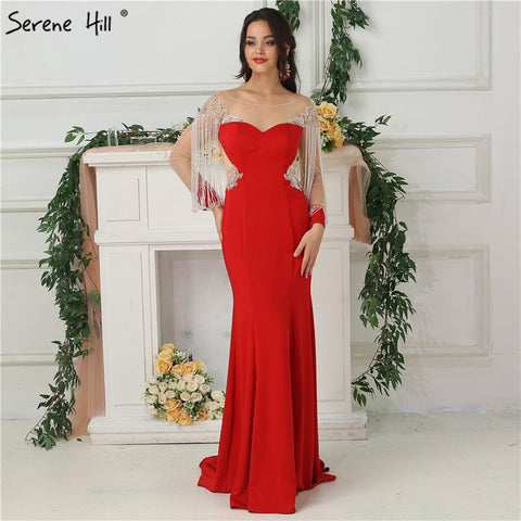 Red Tassel Beaded Evening Dresses Gowns 2025 Satin Mermaid Elegant For Women Party LA6618