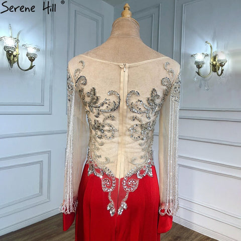 Red Tassel Beaded Evening Dresses Gowns 2025 Satin Mermaid Elegant For Women Party LA6618