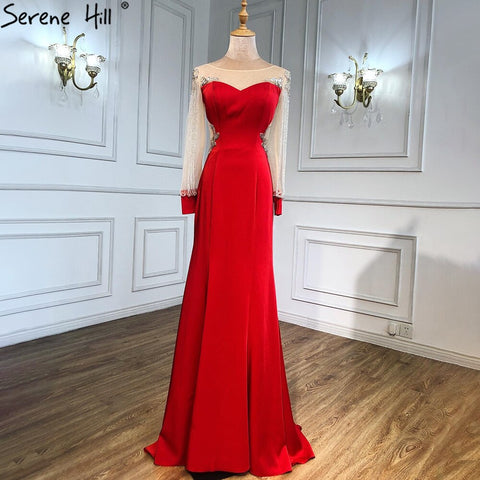 Red Tassel Beaded Evening Dresses Gowns 2025 Satin Mermaid Elegant For Women Party LA6618