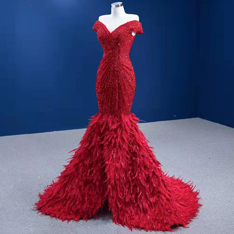 Rode Luxe Elegant Avond Jurken 2025 Sequin Feather Mermaid Voor Vrouwen Party HM67433
