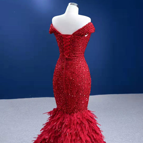 Rode Luxe Elegant Avond Jurken 2025 Sequin Feather Mermaid Voor Vrouwen Party HM67433