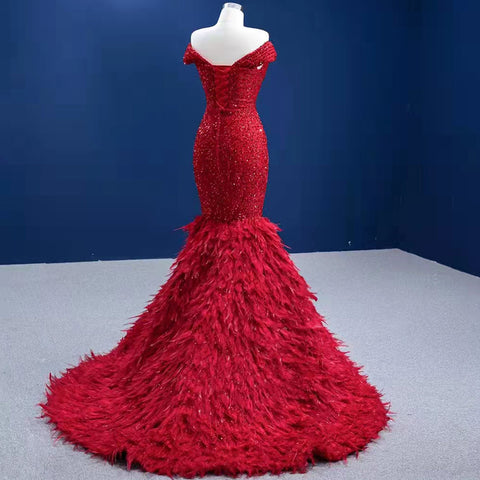 Rode Luxe Elegant Avond Jurken 2025 Sequin Feather Mermaid Voor Vrouwen Party HM67433