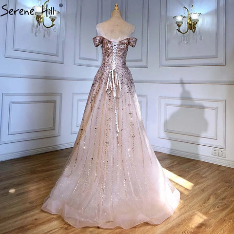 Vestidos de noche con cuentas en oro rosa, corte A, de lujo, sin mangas, para mujer, fiesta, LA71459 