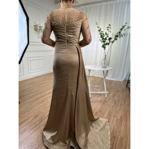 Rose Gold Long Sleeve High Neck Luxury Mermaid With Skirt Evening Dresses Gowns For Women Party 2025 LA71804