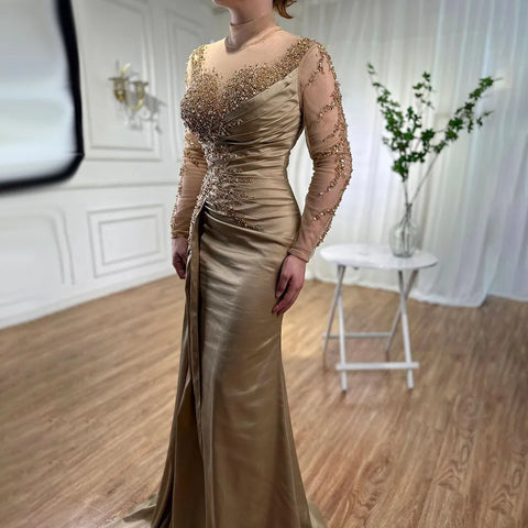 Rose Gold Long Sleeve High Neck Luxury Mermaid With Skirt Evening Dresses Gowns For Women Party 2025 LA71804