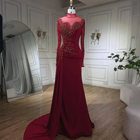 Rose Gold Long Sleeve High Neck Luxury Mermaid With Skirt Evening Dresses Gowns For Women Party 2025 LA71804