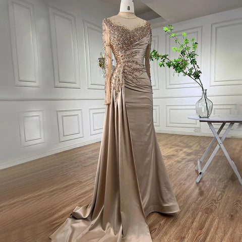 Rose Gold Long Sleeve High Neck Luxury Mermaid With Skirt Evening Dresses Gowns For Women Party 2025 LA71804