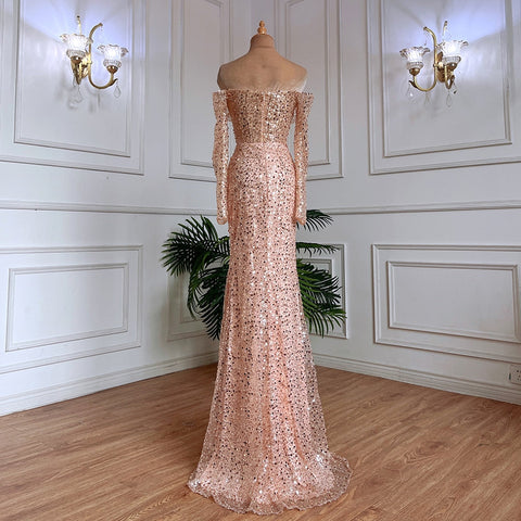 Rose Gold Mermaid Sexy Strapless High Split Evening Dresses Long Sleeves Wedding Party Gowns For Women 2025 LA71822