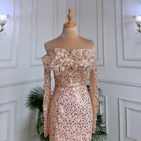 Rose Gold Mermaid Sexy Strapless High Split Evening Dresses Long Sleeves Wedding Party Gowns For Women 2025 LA71822