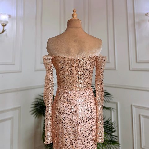 Rose Gold Mermaid Sexy Strapless High Split Evening Dresses Long Sleeves Wedding Party Gowns For Women 2025 LA71822