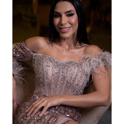 Rose Gold Off Shoulder One Sleeve Mermaid Feathers Evening Dresses High Split Sexy Party Gowns For Women LA72082