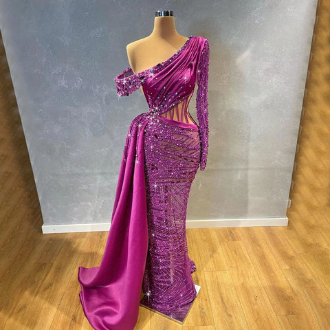 Purple Cut Out Mermaid Sexy One Shoulder Long Sleeves Beaded Evening Dresses Gowns For Women Party 2025 LA71821