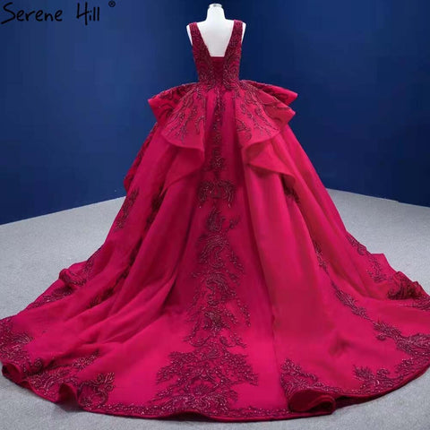 Rose Red Ruffles Wedding Dresses 2025 Beaded V-Neck Luxury Bride Gowns HM67376 Custom Made