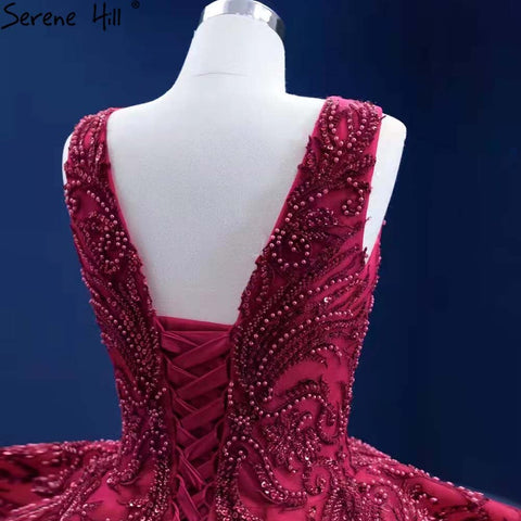 Rose Red Ruffles Wedding Dresses 2025 Beaded V-Neck Luxury Bride Gowns HM67376 Custom Made