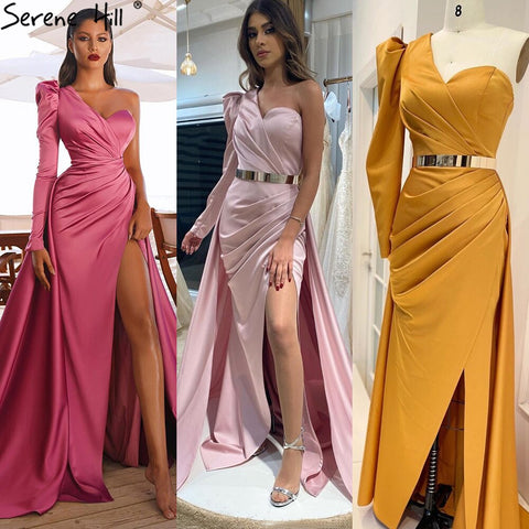 Rose Simple Satin  Sexy Evening Dresses Gowns 2025 One Shoulder A-Line High Split For Women Party LA70876