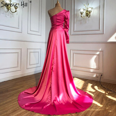 Rose Simple Satin  Sexy Evening Dresses Gowns 2025 One Shoulder A-Line High Split For Women Party LA70876