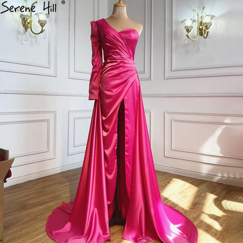 Rose Simple Satin  Sexy Evening Dresses Gowns 2025 One Shoulder A-Line High Split For Women Party LA70876