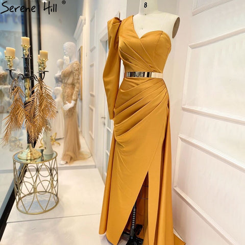 Rose Simple Satin  Sexy Evening Dresses Gowns 2025 One Shoulder A-Line High Split For Women Party LA70876