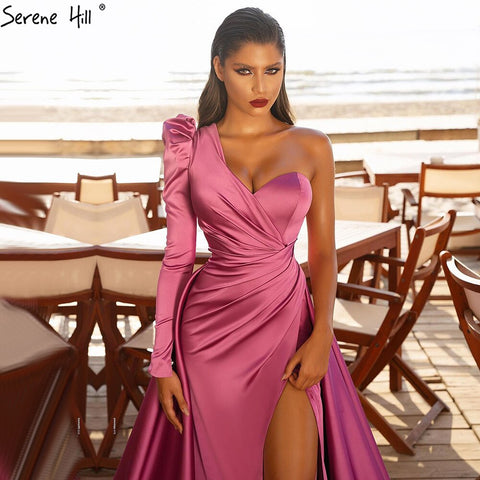 Rose Simple Satin  Sexy Evening Dresses Gowns 2025 One Shoulder A-Line High Split For Women Party LA70876