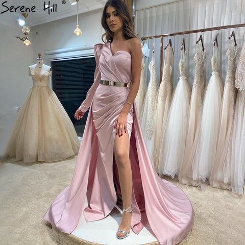 Rose Simple Satin  Sexy Evening Dresses Gowns 2025 One Shoulder A-Line High Split For Women Party LA70876