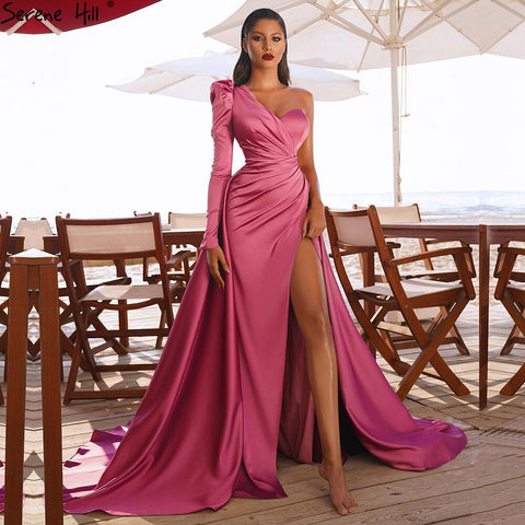 Rose Simple Satin  Sexy Evening Dresses Gowns 2025 One Shoulder A-Line High Split For Women Party LA70876