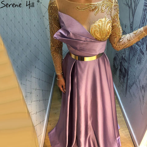 Royal Blue Long Sleeve Satin Evening Dresses Gowns 2025 Beaded Sashes A-Line For Women Party LA71457