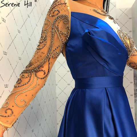 Royal Blue Long Sleeve Satin Evening Dresses Gowns 2025 Beaded Sashes A-Line For Women Party LA71457
