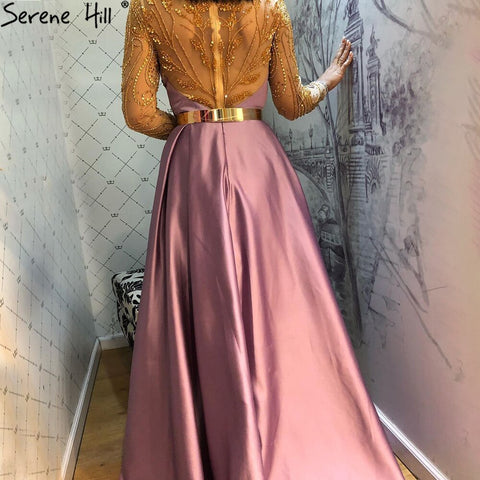 Royal Blue Long Sleeve Satin Evening Dresses Gowns 2025 Beaded Sashes A-Line For Women Party LA71457