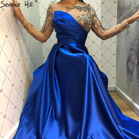 Royal Blue Long Sleeve Satin Evening Dresses Gowns 2025 Beaded Sashes A-Line For Women Party LA71457