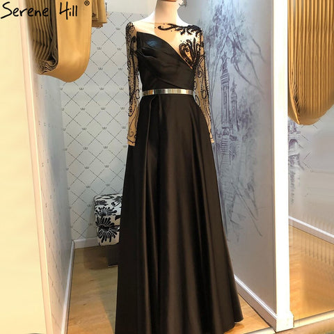 Royal Blue Long Sleeve Satin Evening Dresses Gowns 2025 Beaded Sashes A-Line For Women Party LA71457