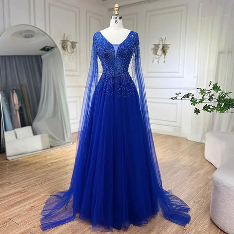 Royal Blue Luxury Dubai Evening Dress with Cape Sleeves LA72315