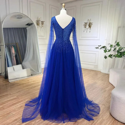 Royal Blue Luxury Dubai Evening Dress with Cape Sleeves LA72315