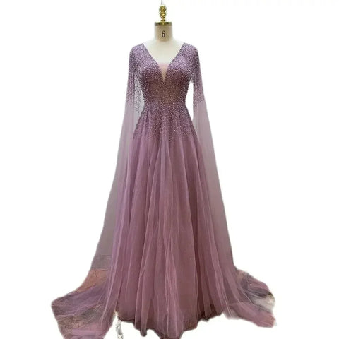 Royal Blue Luxury Dubai Evening Dress with Cape Sleeves LA72315