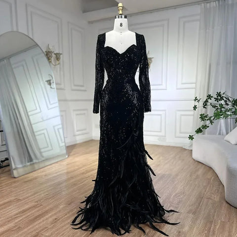 Vestido de noche largo de lujo con cuentas y plumas, sirena azul real, brillante, para mujer, fiesta 2025 LA72387 