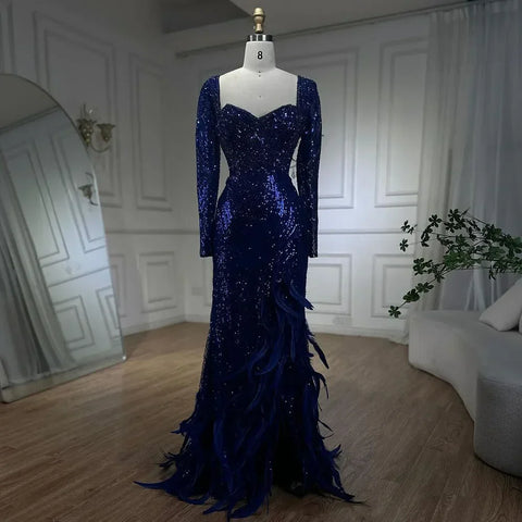 Vestido de noche largo de lujo con cuentas y plumas, sirena azul real, brillante, para mujer, fiesta 2025 LA72387 