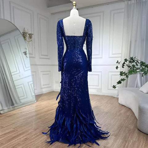 Vestido de noche largo de lujo con cuentas y plumas, sirena azul real, brillante, para mujer, fiesta 2025 LA72387 