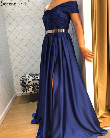 Royal Blue Simple Sartin Evening Dresses Gowns 2025 High Split A-Line Sexy For Women Party LA71301