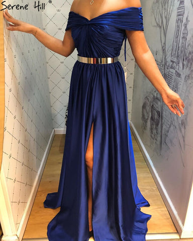 Royal Blue Simple Sartin Evening Dresses Gowns 2025 High Split A-Line Sexy For Women Party LA71301