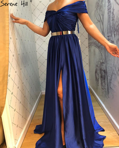 Royal Blue Simple Sartin Evening Dresses Gowns 2025 High Split A-Line Sexy For Women Party LA71301