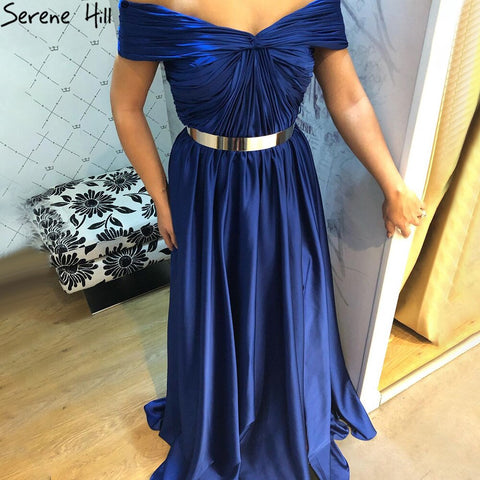 Royal Blue Simple Sartin Evening Dresses Gowns 2025 High Split A-Line Sexy For Women Party LA71301