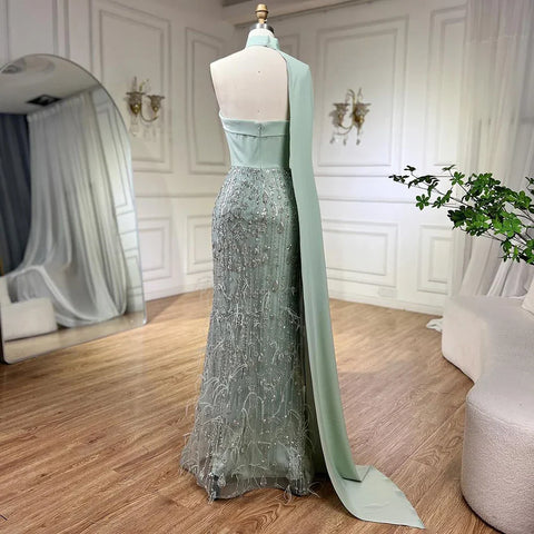 Luxury Sage Green Feathers Evening Dress with Scarf Cape LA72290